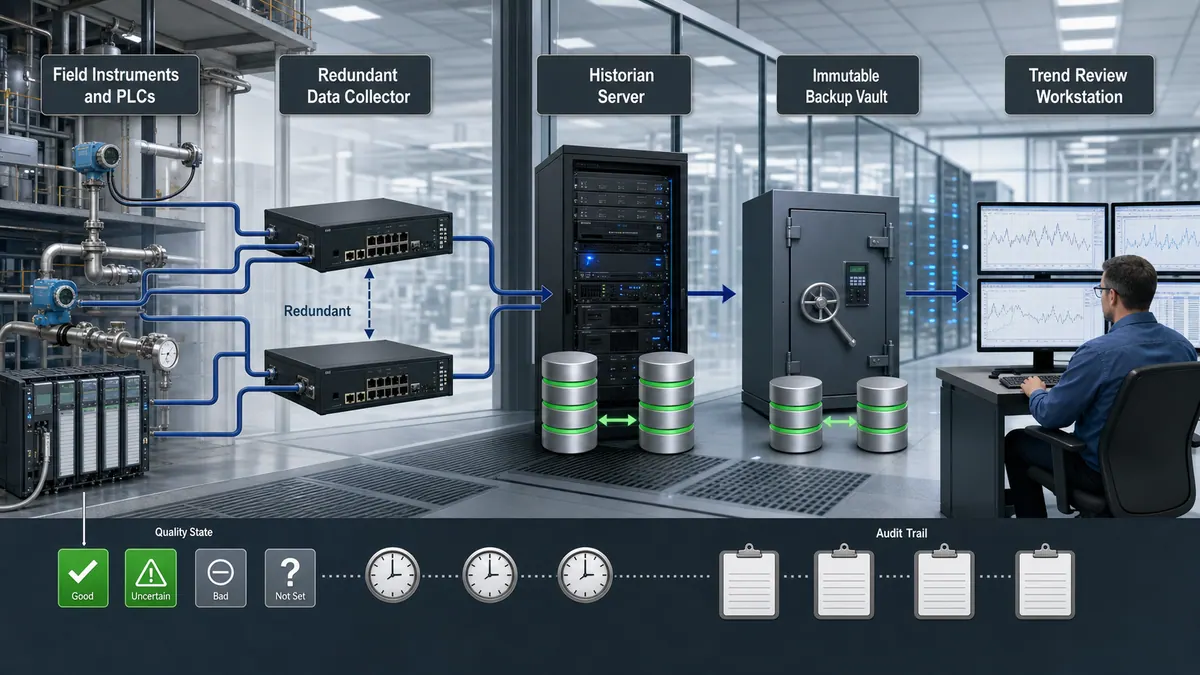 SCADA historian evidence pipeline carrying field events through redundant collection, time-series storage, isolated backup, and engineering trend review.