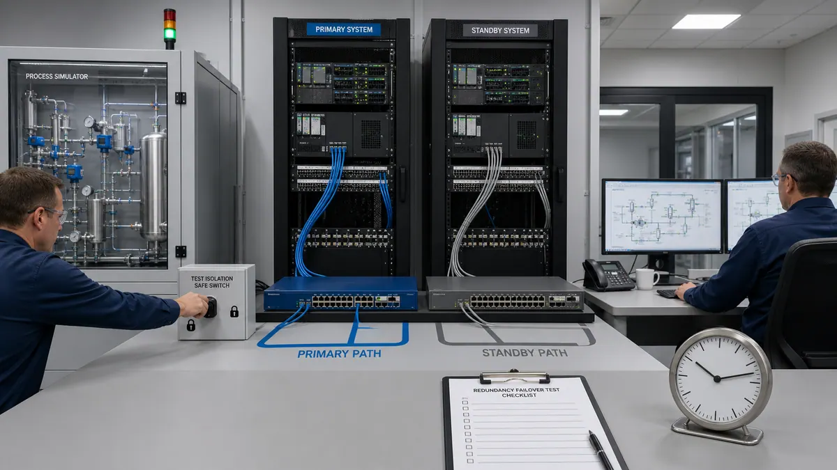 Controlled SCADA failover test isolating the primary server path while engineers verify standby takeover, client continuity, data capture, and rollback.