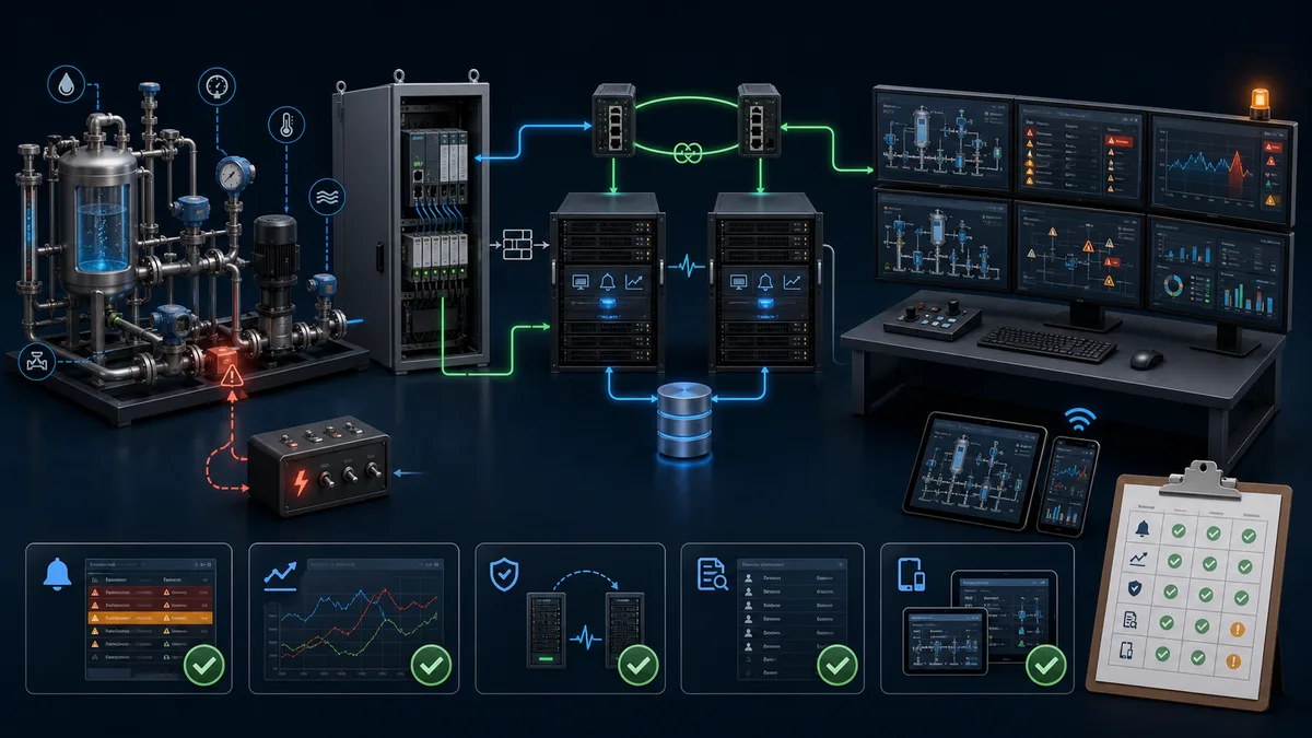 SCADA proof-of-fit lab connecting a process skid to a PLC, redundant servers, historian and operator screens while testing alarms, trends, failover, audit trail and mobile views.