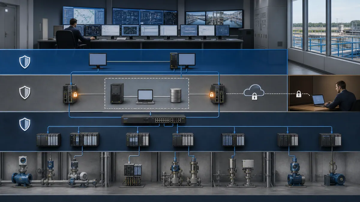 Industrial control network separated into cell, operations and DMZ security zones with controlled remote access