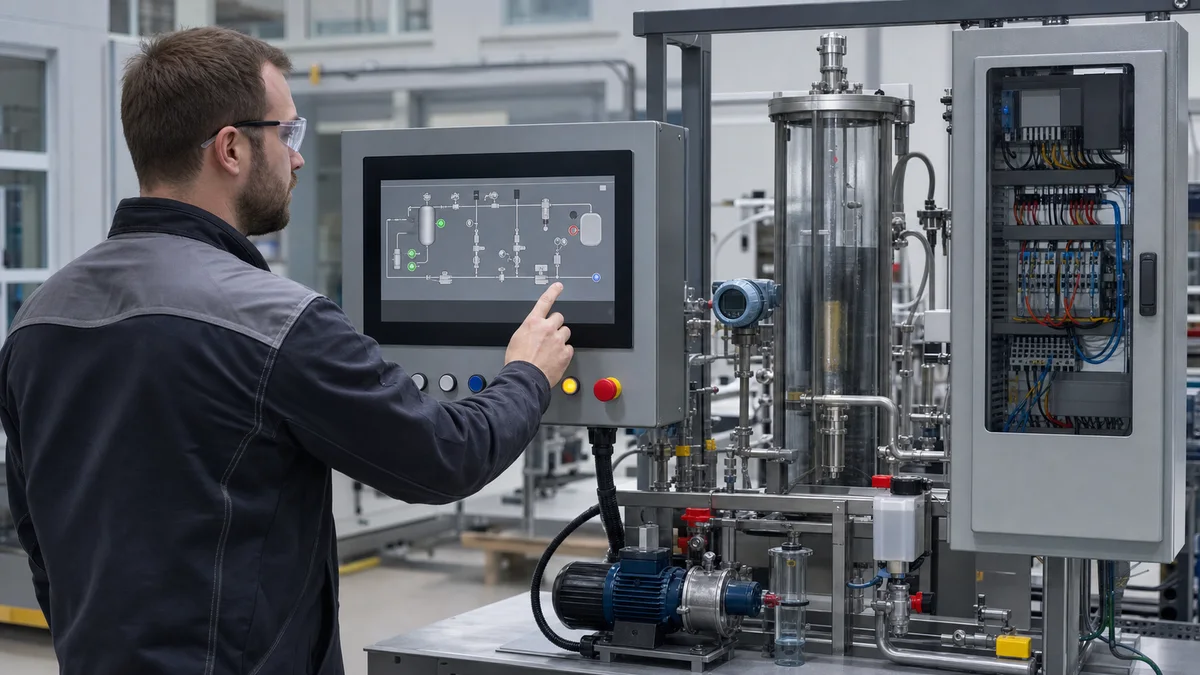 Automation engineer commissioning an HMI process overview beside a pump and tank training skid