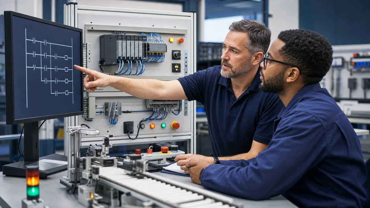 PLC ladder-logic practice lab with motor, conveyor sensors, live rung status, written test cases and recorded fault-injection results