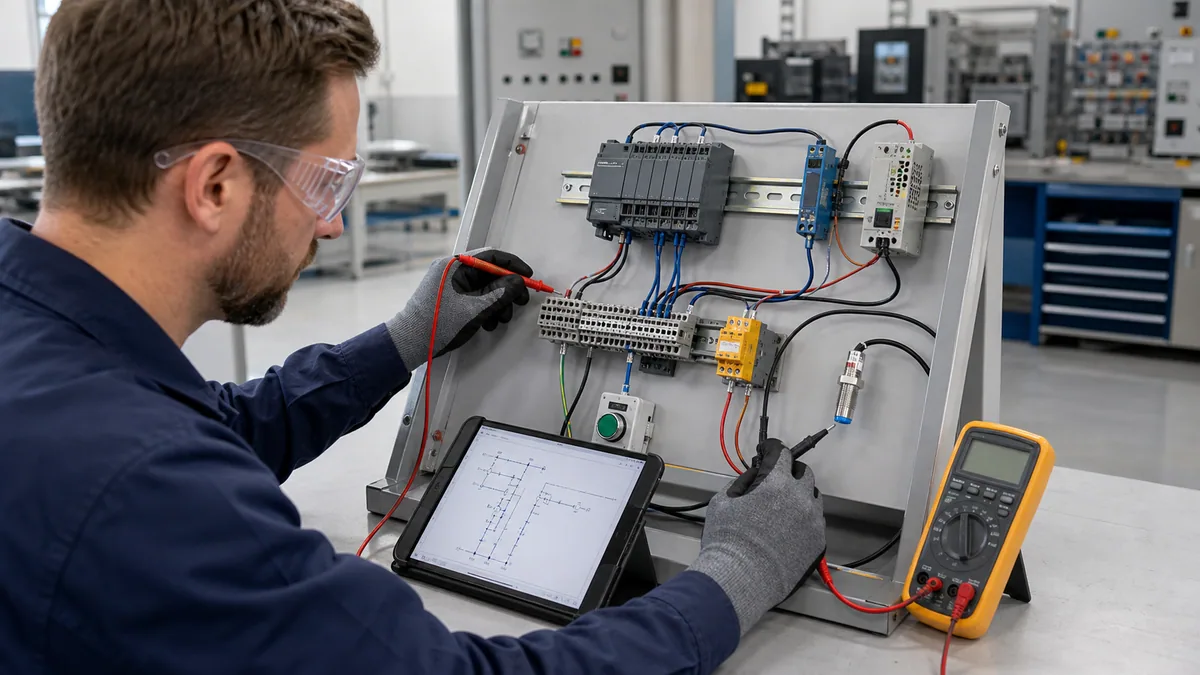 Automation technician tracing a low voltage PLC input circuit on an isolated training panel with a drawing and test instruments