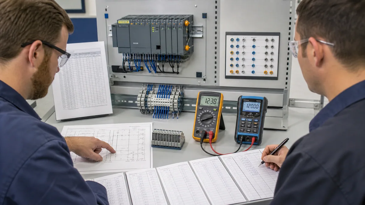 Engineers reconciling PLC architecture I O schedule schematics module configuration and controlled test evidence at a verification workstation