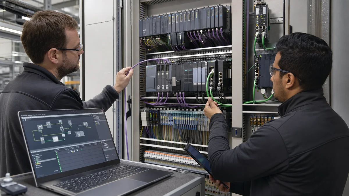 Controls engineers comparing green industrial Ethernet and purple fieldbus cabling in a mixed network cabinet