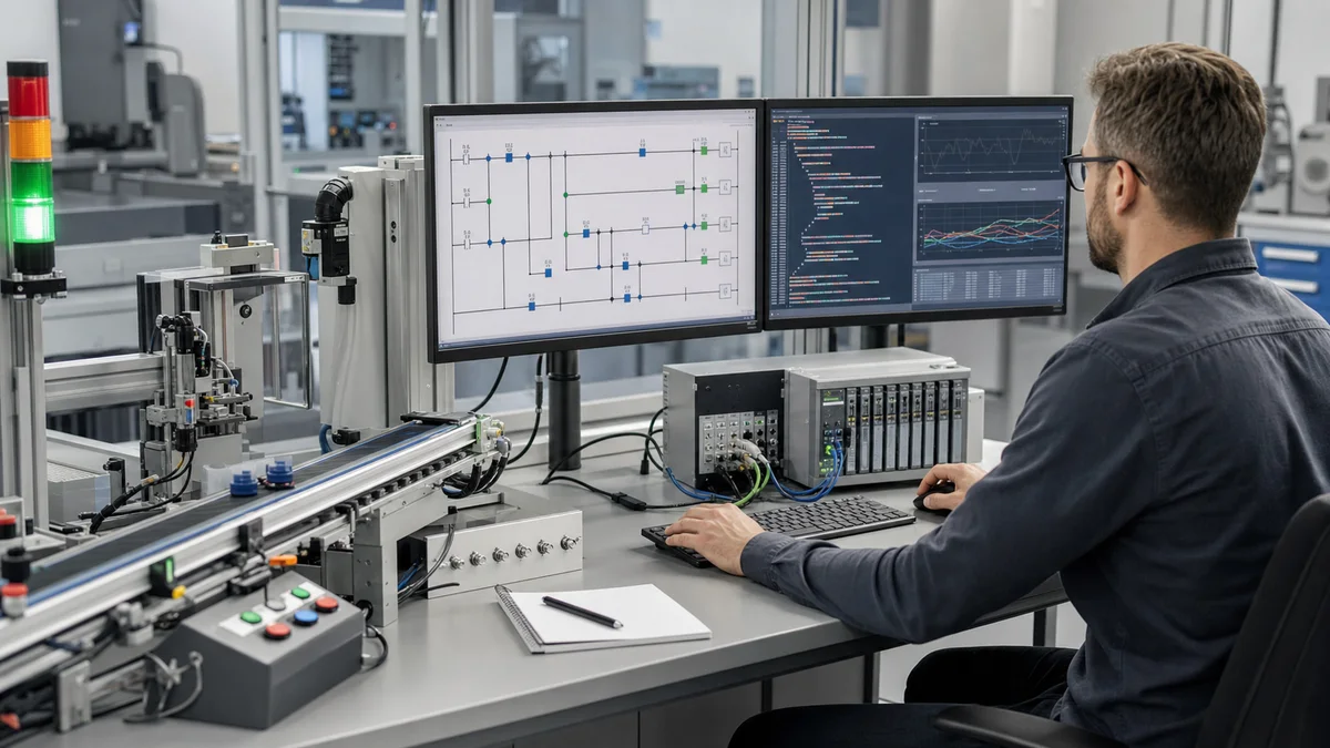 Automation engineer validating ladder logic and a separate Python data workflow on a conveyor training cell