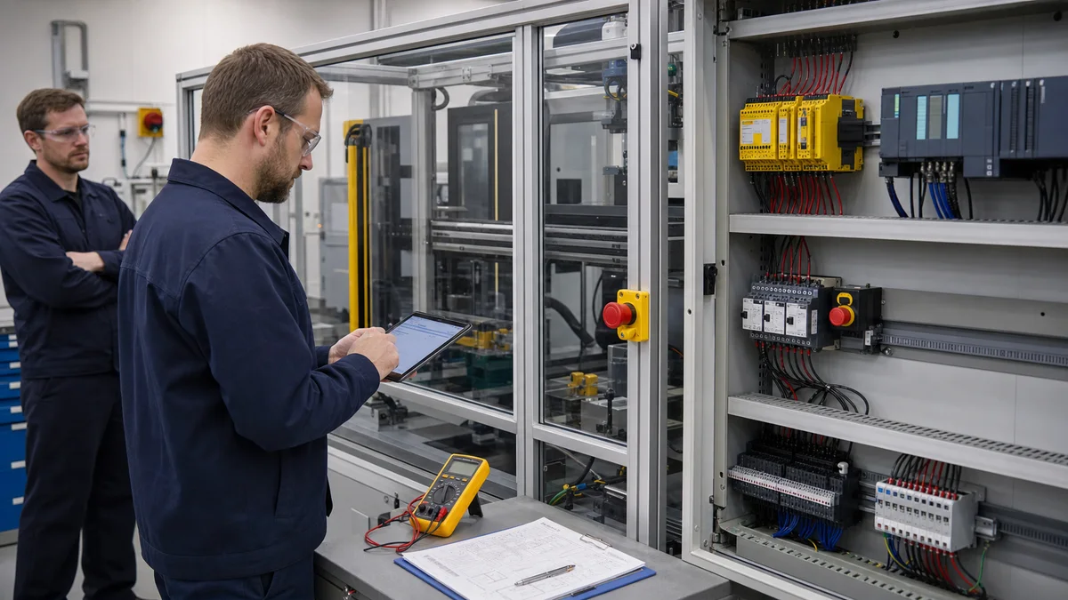 Machine safety engineer documenting a proof test beside guarded equipment and separated safety and standard controllers
