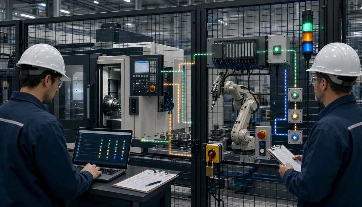 Two commissioning engineers verifying a CNC machine and auxiliary PLC request, permissive, busy, complete, and fault handshake