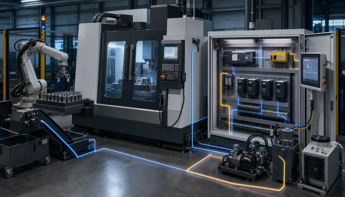 CNC machining cell connected to an auxiliary PLC cabinet, distributed I O, robot, coolant skid, and operator station