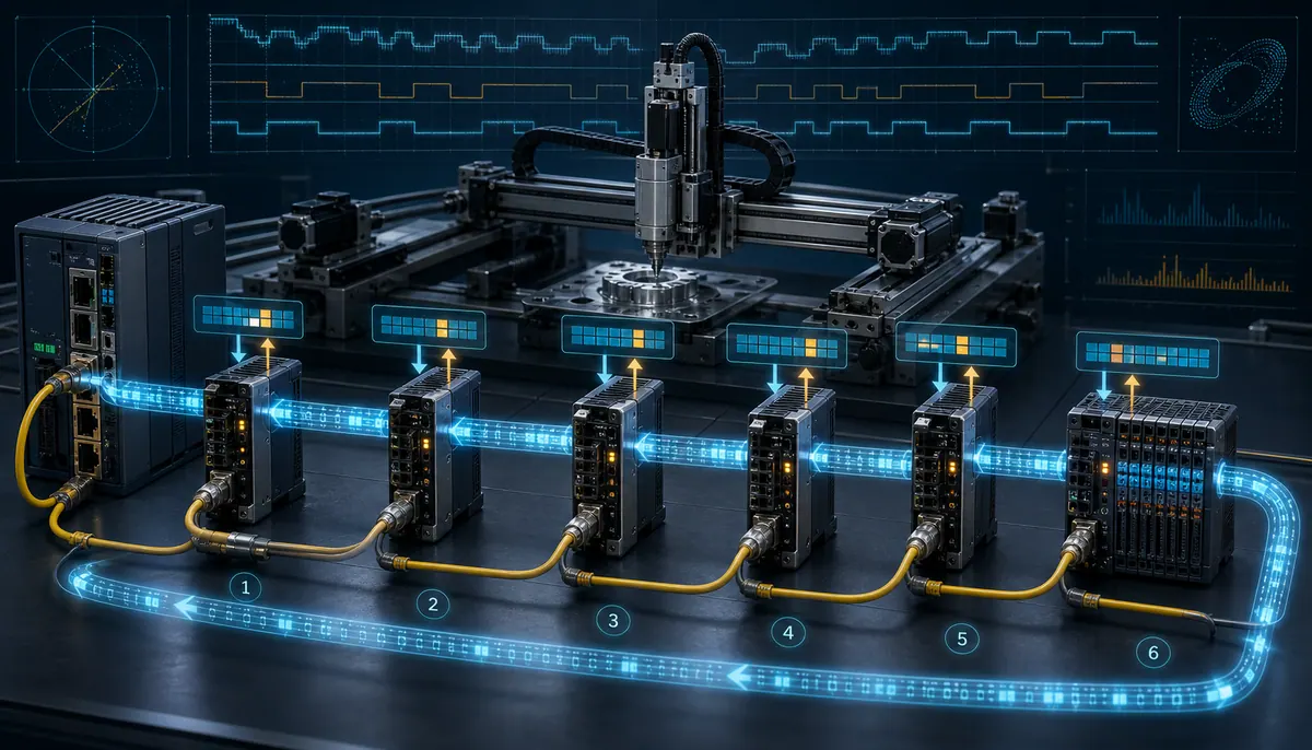 EtherCAT frame moving through ordered SubDevices as each node reads input bytes, inserts output bytes, and increments a working counter