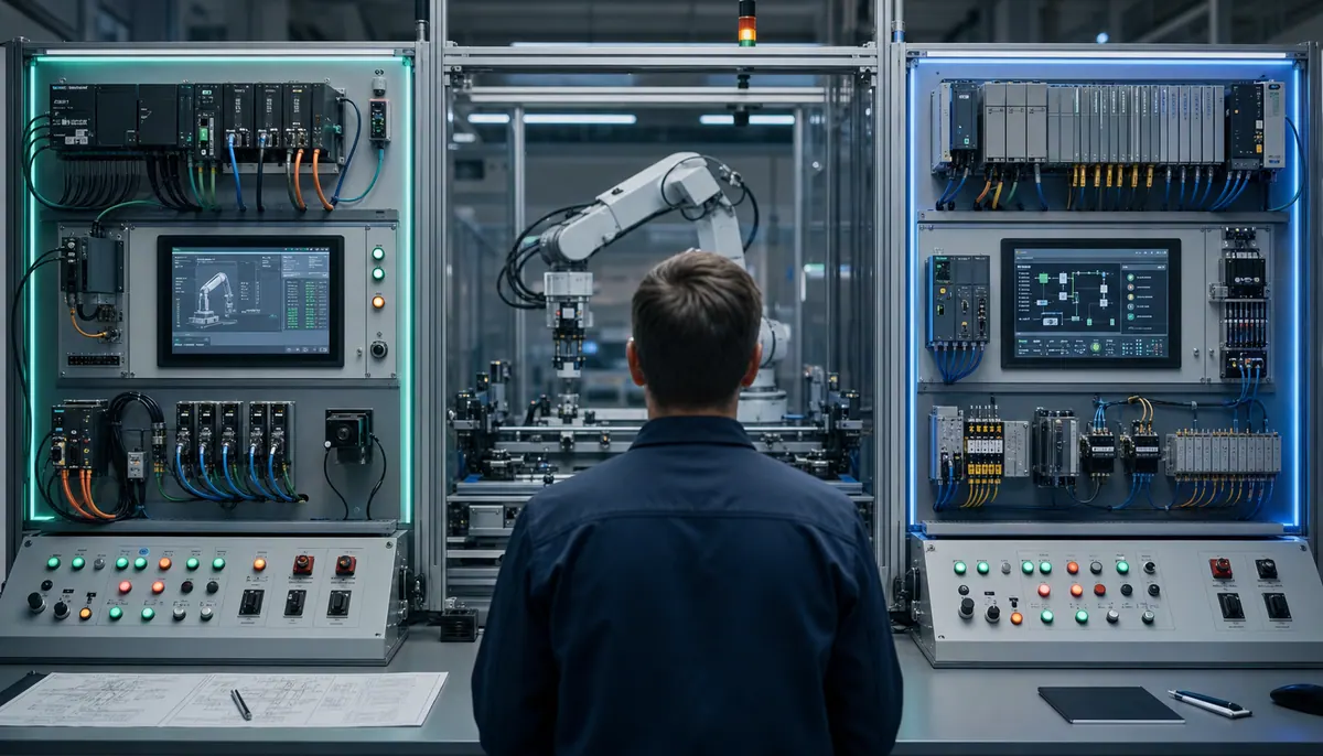 Matched machine automation benchmark with an assembly cell between two PLC test panels and identical acceptance measurements