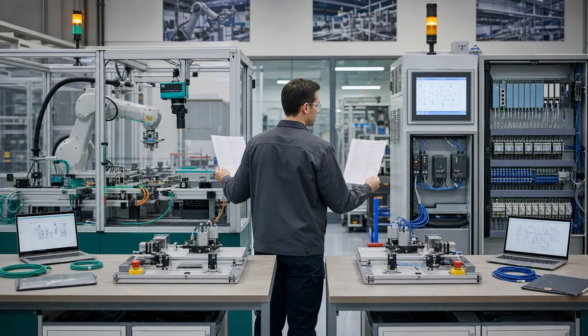 Engineer comparing two unbranded PLC machine-control benches with matched I O, motion, operator controls, and test equipment