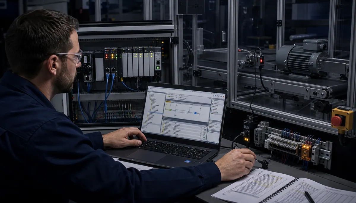 Engineer diagnosing a Logix controller training rig with chassis status, remote I O, motor feedback, engineering laptop, and controlled fault evidence
