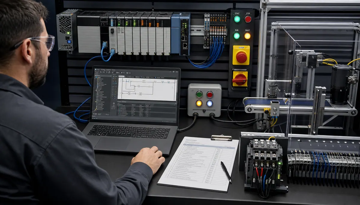 Engineer building a first Logix controller project with chassis I O, motor starter, operator controls, engineering laptop, and test conveyor