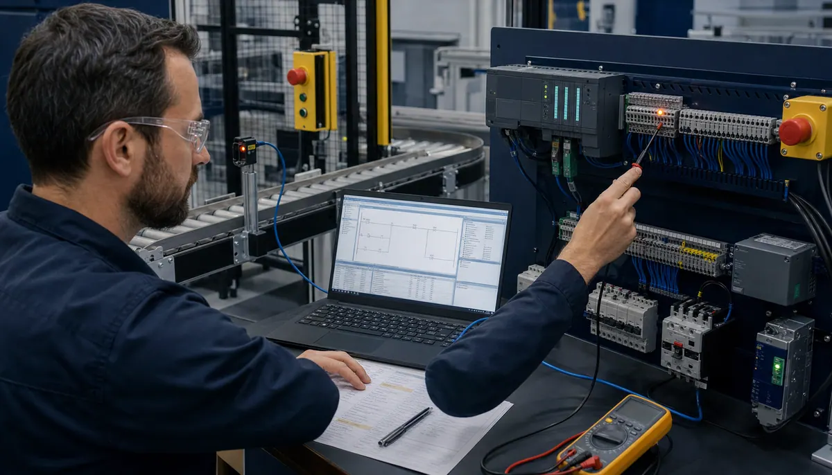 Commissioning engineer diagnosing a Siemens PLC training rig with an engineering laptop, controller status, remote I O, motor, and controlled fault