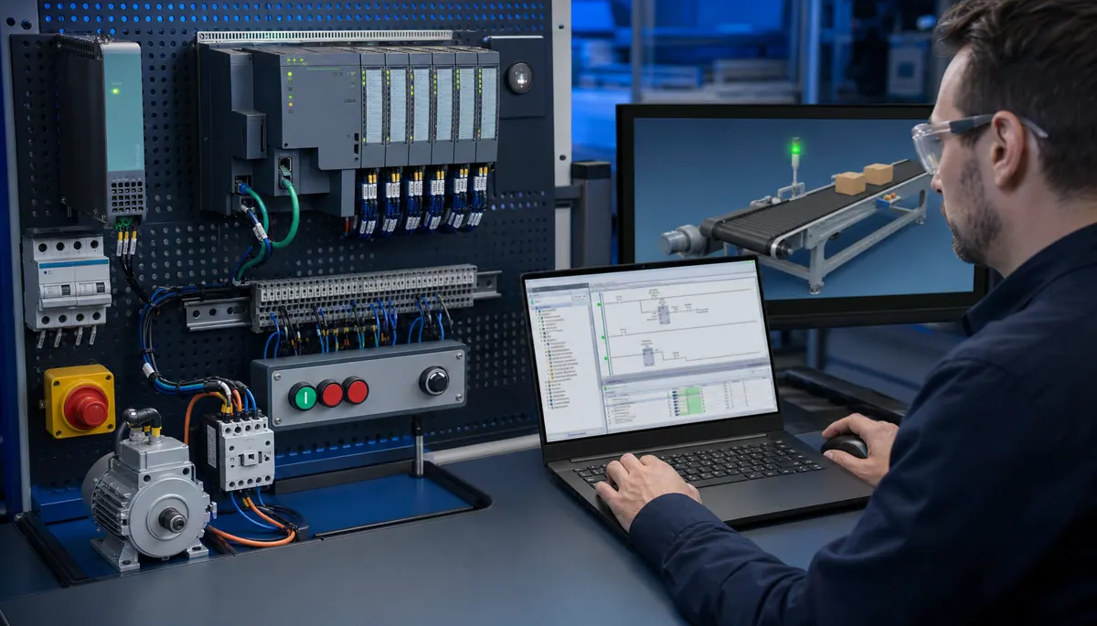 Engineer building and testing a first Siemens PLC project with a compact controller, remote I O, motor starter, and training conveyor