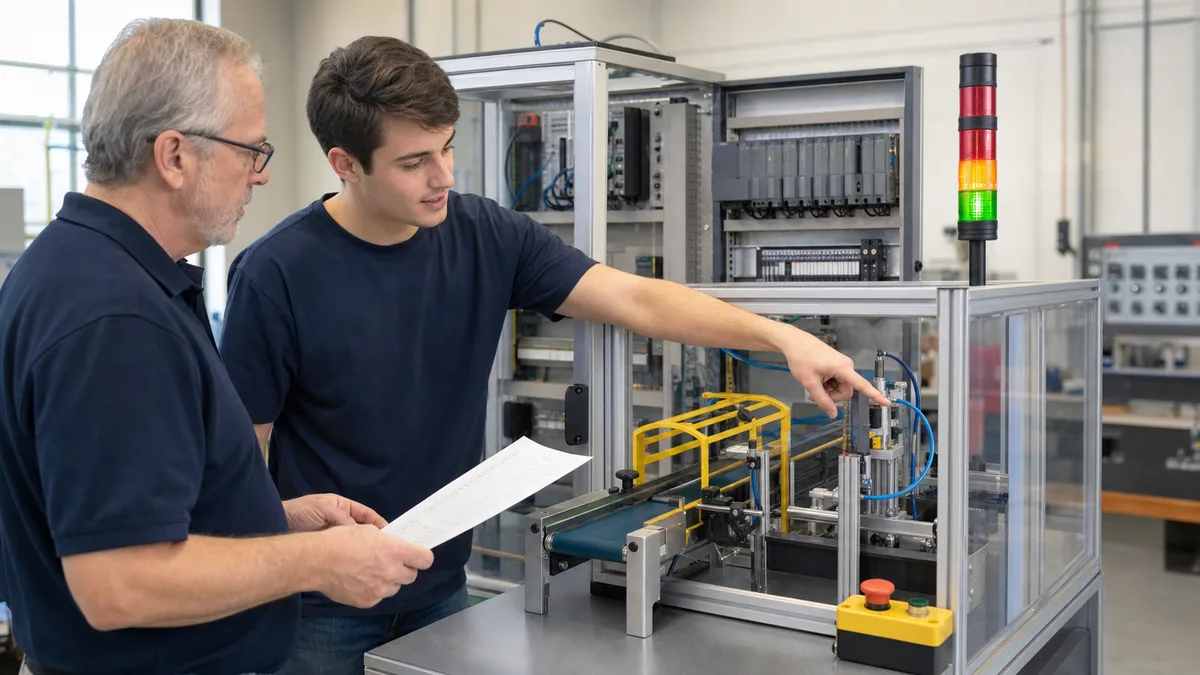 PLC programming candidate demonstrating a completed conveyor capstone with sequence logic, HMI and fault recovery