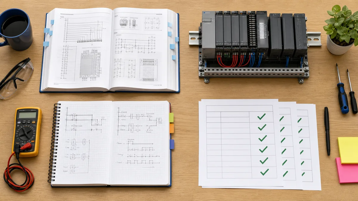 Hiring manager reviewing a PLC programming portfolio with code, test cases, commissioning notes and project evidence
