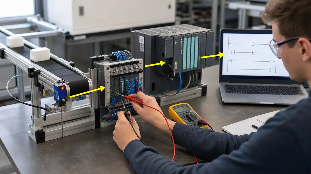 PLC programmer candidate tracing a machine fault from field input through controller logic to the output command