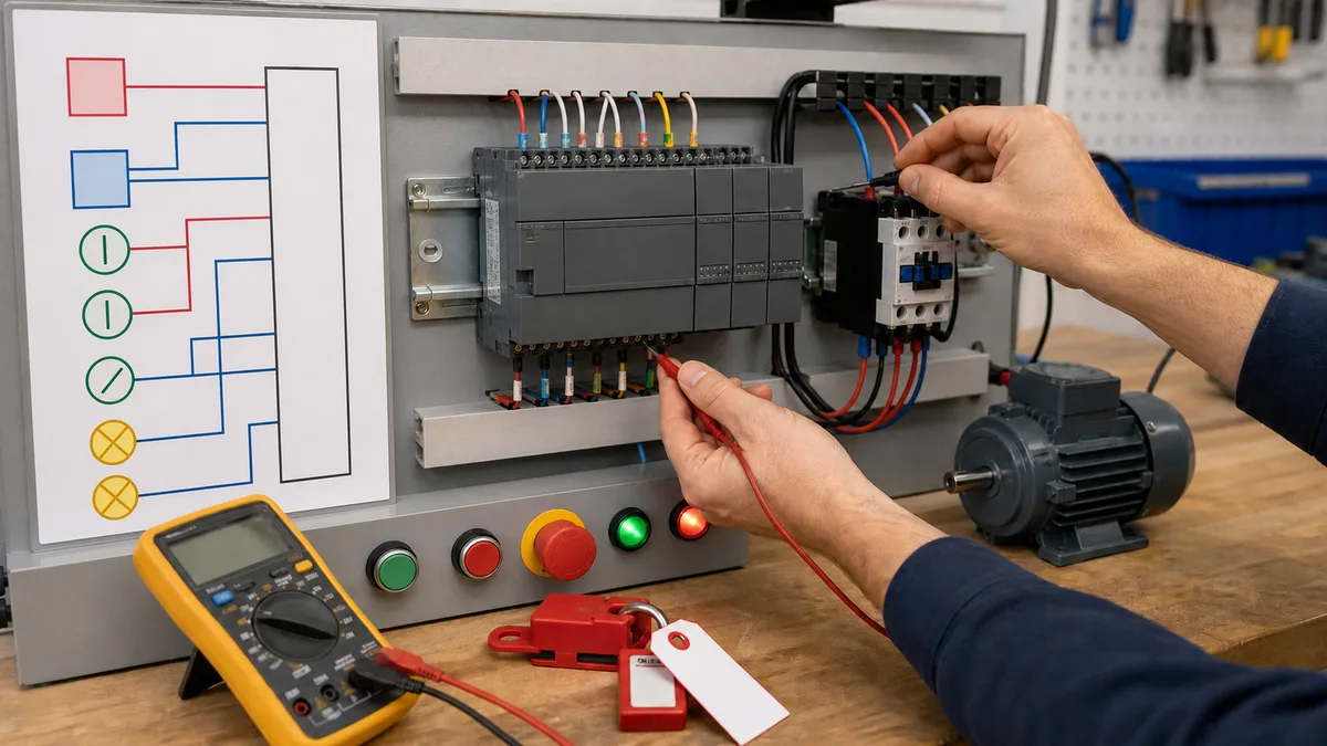 Supervised PLC I O wiring and checkout exercise with drawings, terminal checks and online status verification
