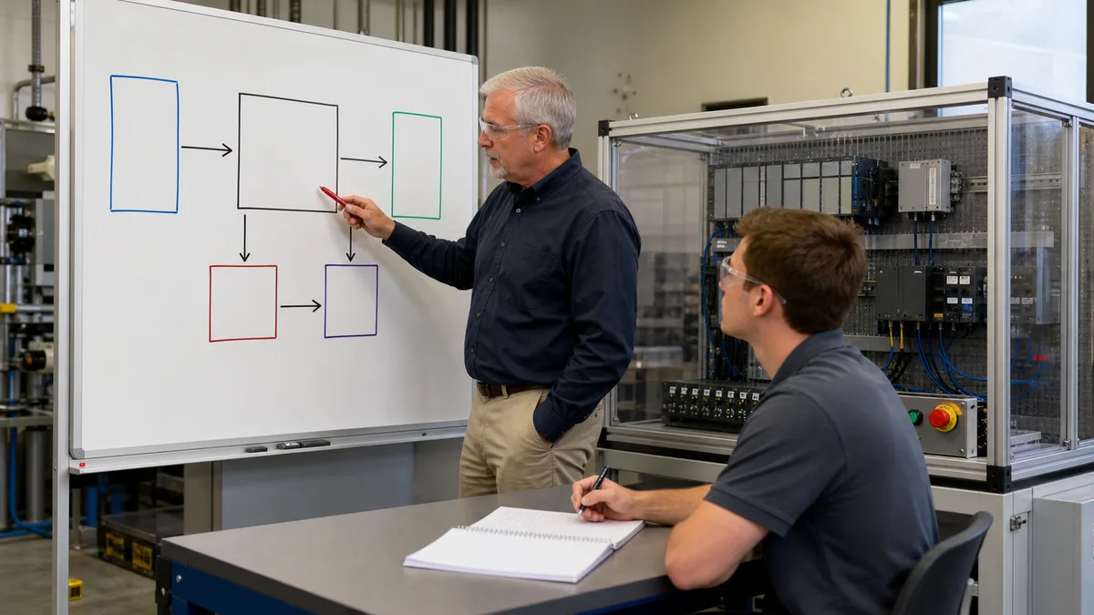 PLC programmer readiness review covering logic, electrical fundamentals, networks, troubleshooting and safety boundaries
