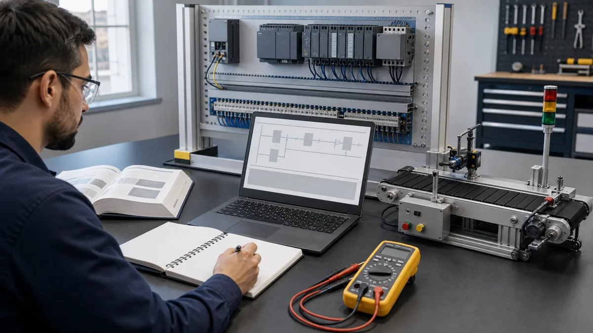 PLC programmer study path combining theory, browser simulation and supervised controller lab exercises