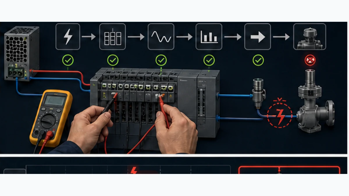 Technician measuring PLC terminal voltage while tracing field power channel state raw data output command and actuator feedback
