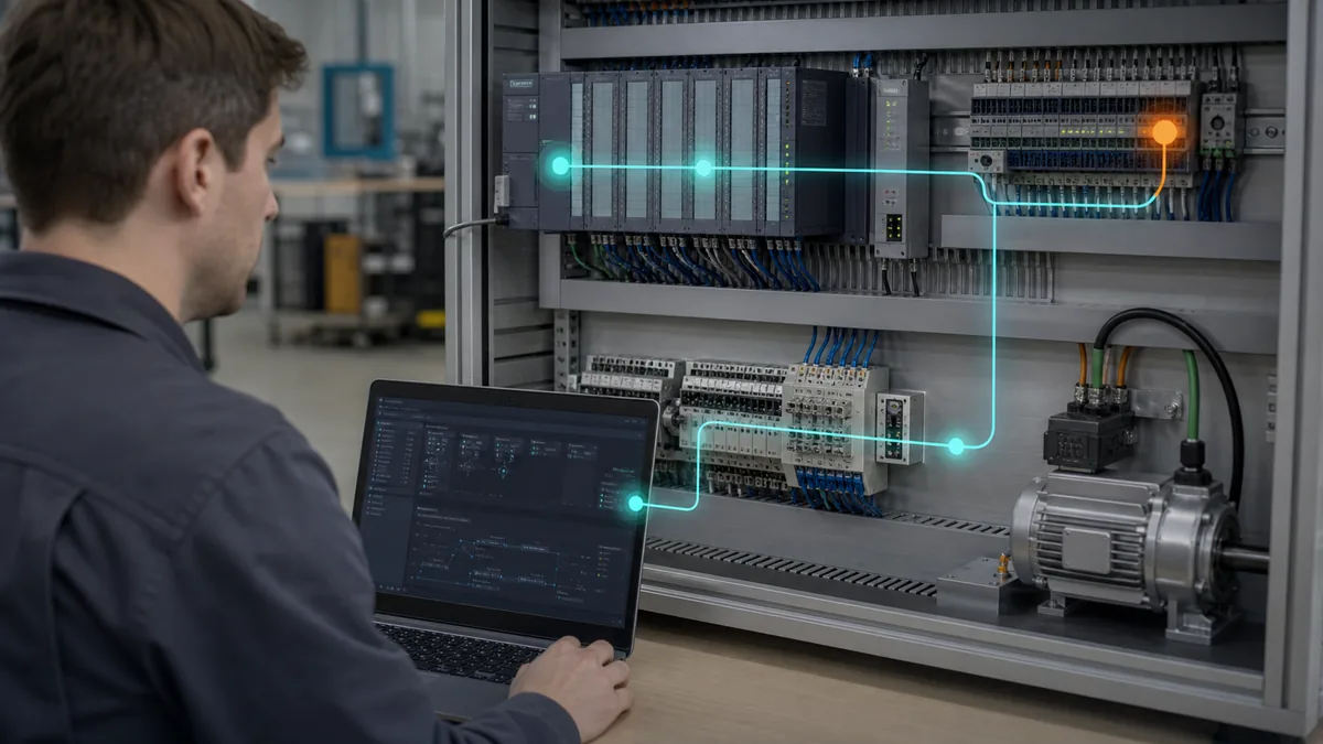 Siemens S7-1200 diagnostic evidence path through power CPU project configuration input logic command output device and process feedback