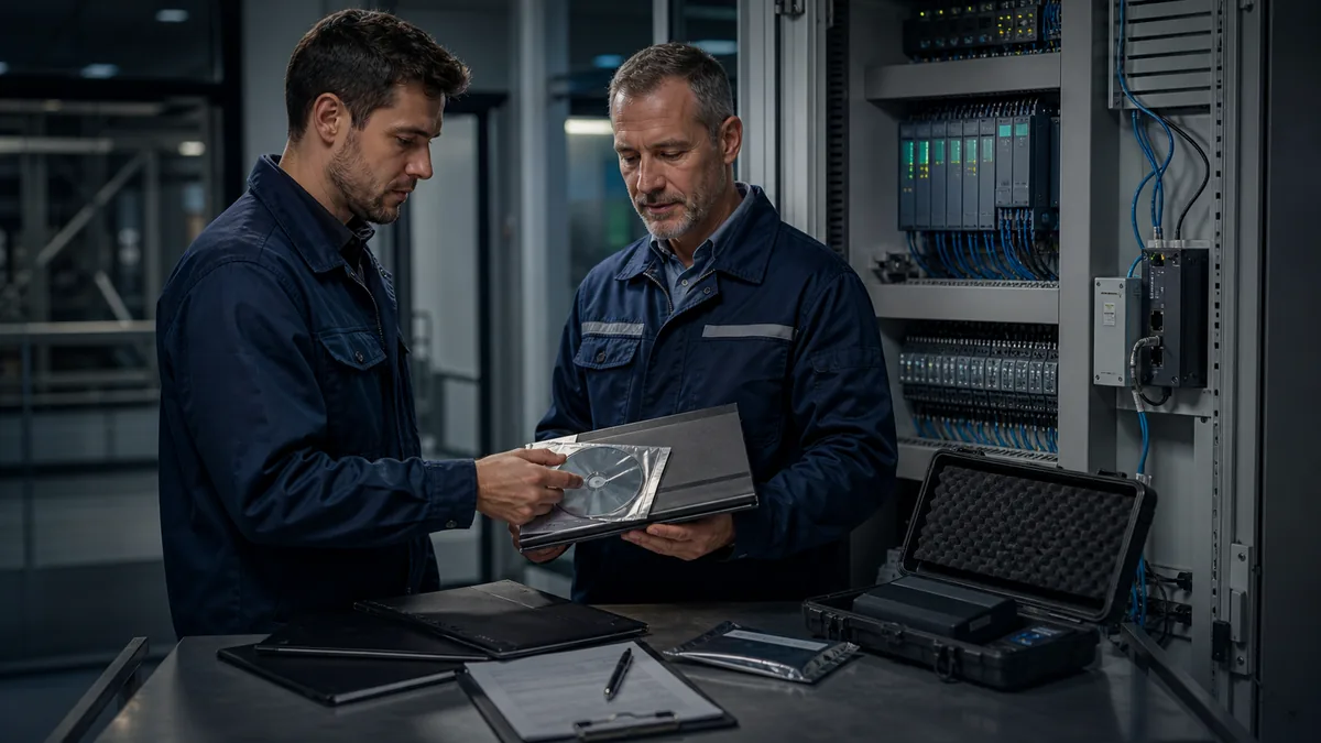 Generated editorial engineers reviewing a secure PLC project archive version manifest and commissioning handoff beside a control cabinet
