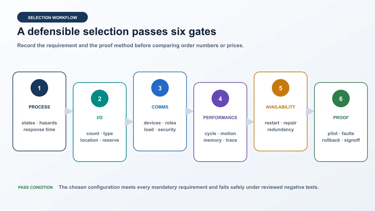 Original six-gate Siemens S7 selection workflow covering process I/O communications performance availability and acceptance proof