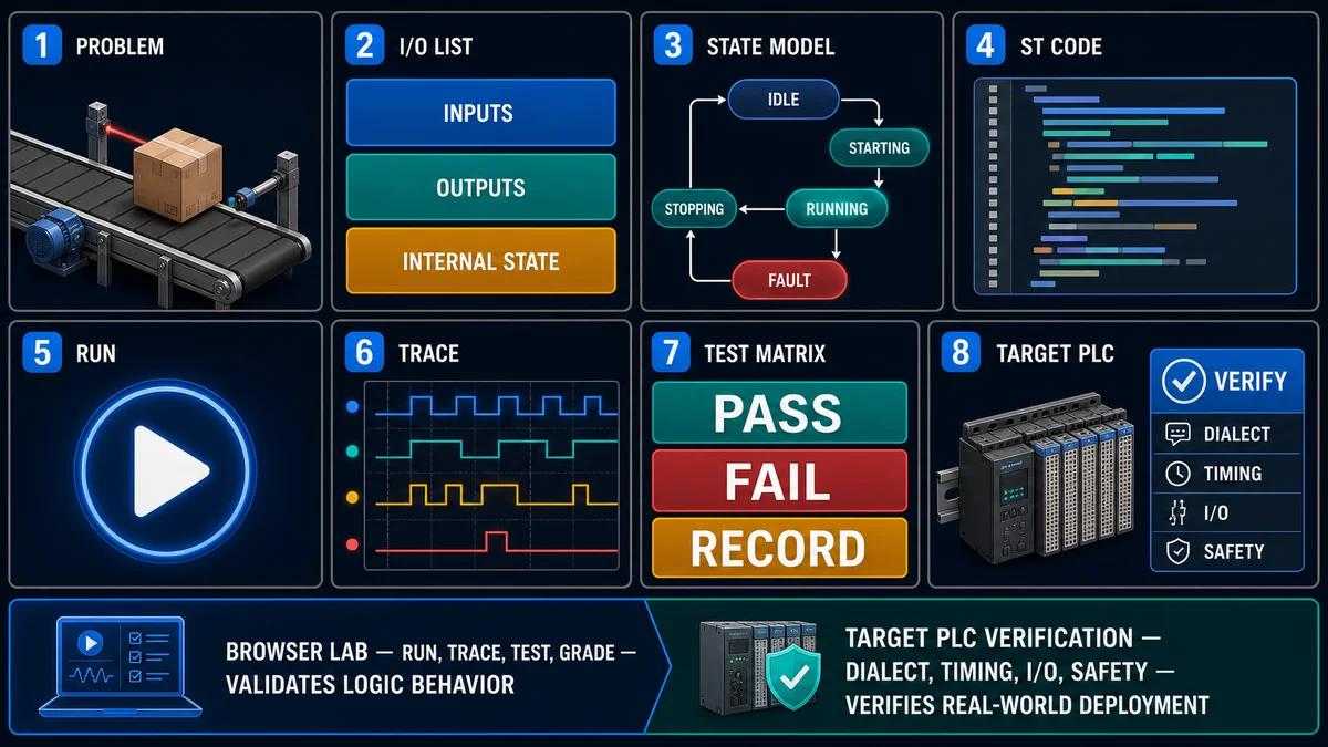 Structured Text exercise workflow from conveyor problem and I/O list through state model code run trace test matrix grading and target PLC verification