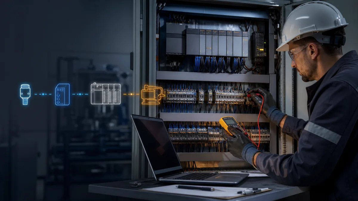Technician diagnosing a PLC cabinet from field sensor through input, controller logic and output while checking 24-volt wiring with a laptop and multimeter.