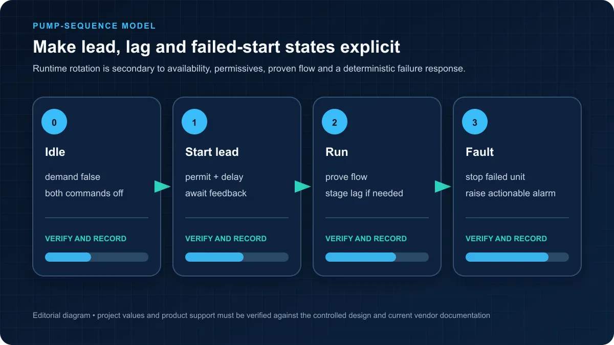 Duty standby pump state model showing idle, lead start, proven running and failed-start recovery states