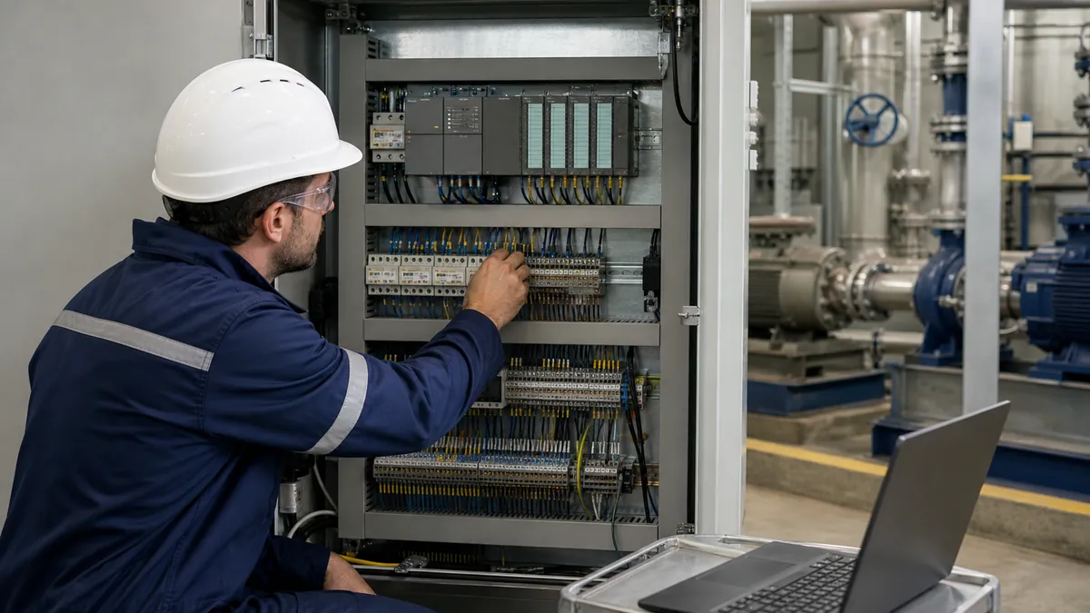 Controls engineer checking generic modular PLC I/O and terminal wiring beside an industrial pump skid during commissioning