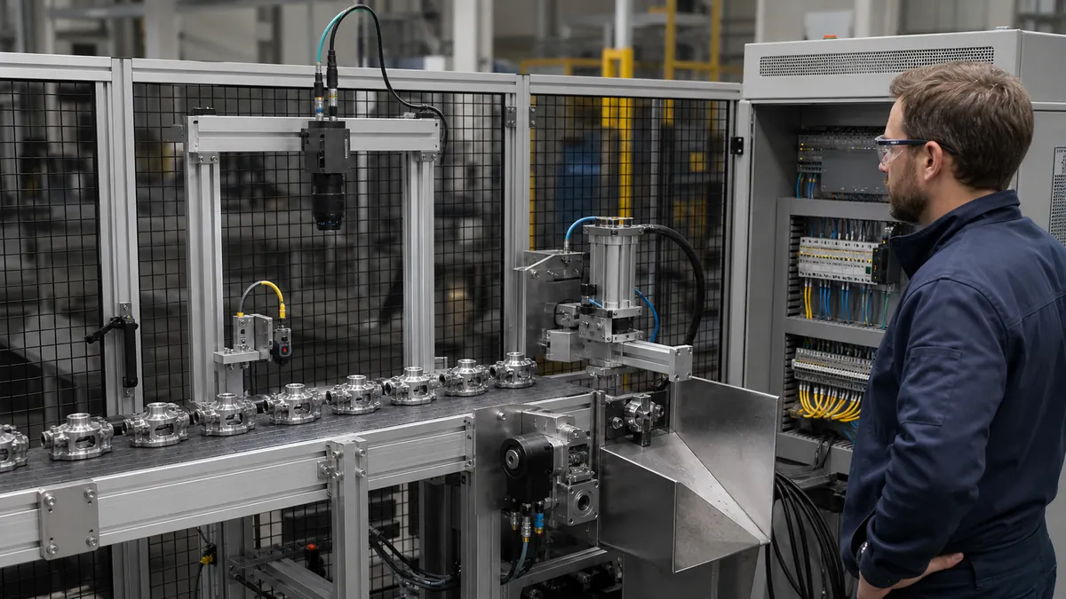 Engineer observing a guarded conveyor inspection cell with generic camera trigger sensor encoder and pneumatic reject station
