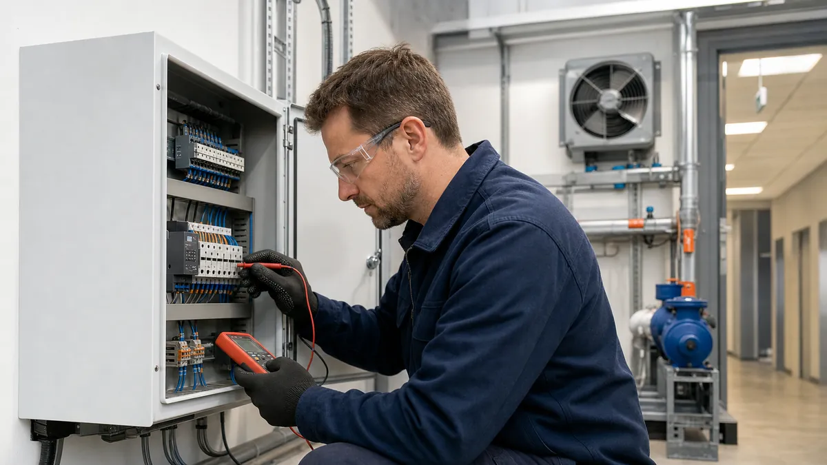 Electrical technician testing a compact generic smart-relay cabinet serving building ventilation lighting and a small circulation pump