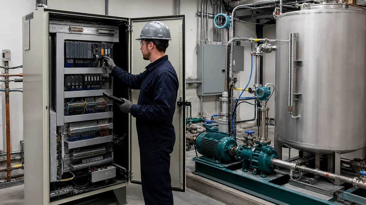 Generic Schneider PLC learning project with controller cabinet tank pumps instruments and commissioning evidence