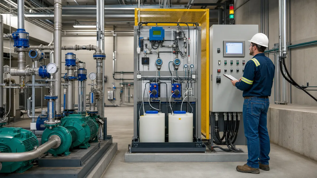 Water utility controls engineer reviewing duty pumps chemical dosing equipment process instruments and a generic PLC control panel