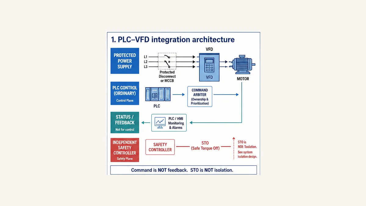 PLC and VFD integration architecture separating protected power ordinary command arbitration drive feedback HMI and independent STO safety control