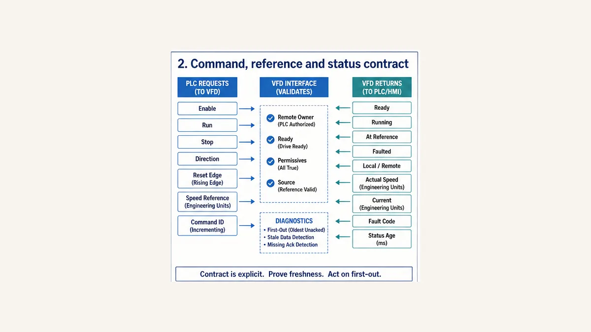 PLC VFD interface contract showing commands speed reference validation remote ownership status actual values freshness and first out diagnostics