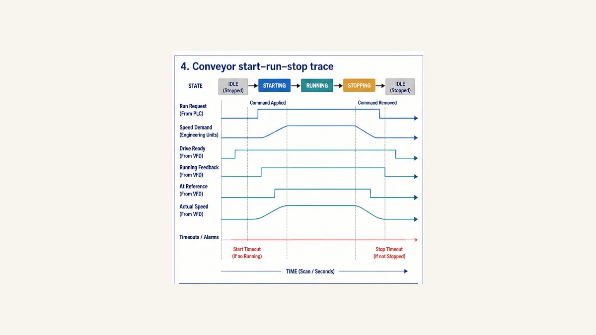 Conveyor VFD start run stop trace comparing PLC run request speed demand drive ready running feedback at reference actual speed and timeouts