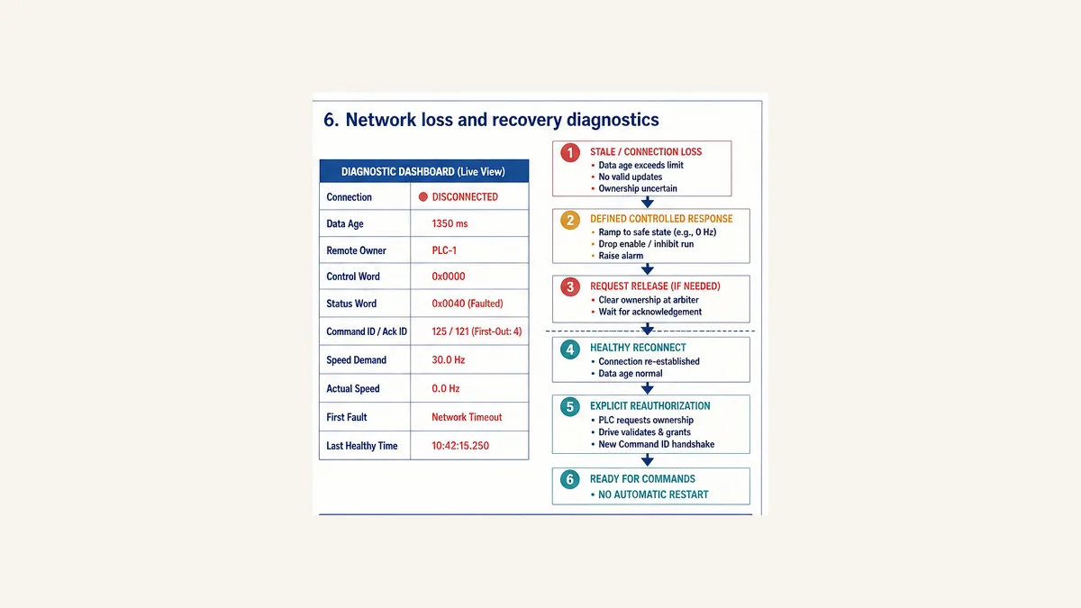 VFD network loss diagnostic dashboard and controlled recovery path from stale data through request release healthy reconnect and explicit reauthorization