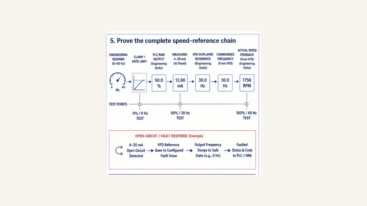 VFD analog speed reference evidence chain from PLC engineering demand through raw output measured 4 to 20 milliamp drive reference commanded frequency and actual speed