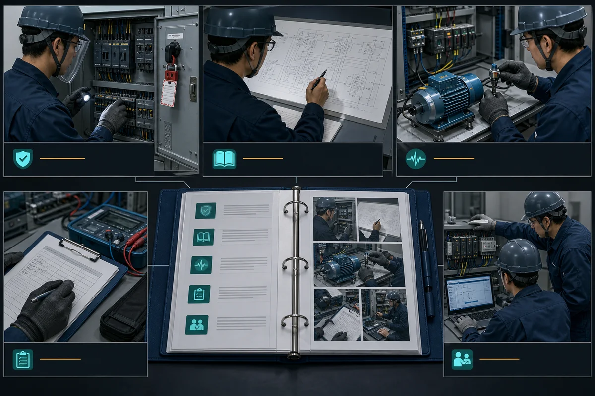 Industrial electrician portfolio documenting safe isolation planning, control-panel diagnosis, PLC fault finding, test records, and supervised commissioning evidence