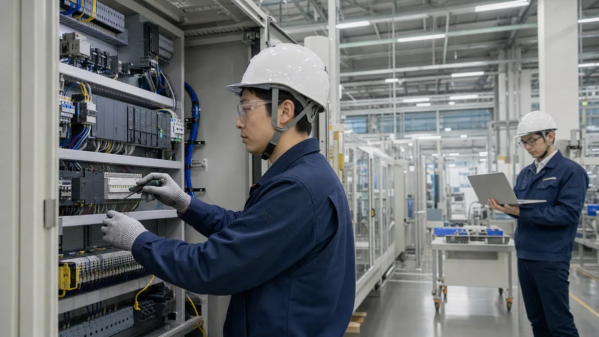 Industrial electrician inspecting a PLC control cabinet in an Osaka-area factory while an automation engineer reviews a laptop