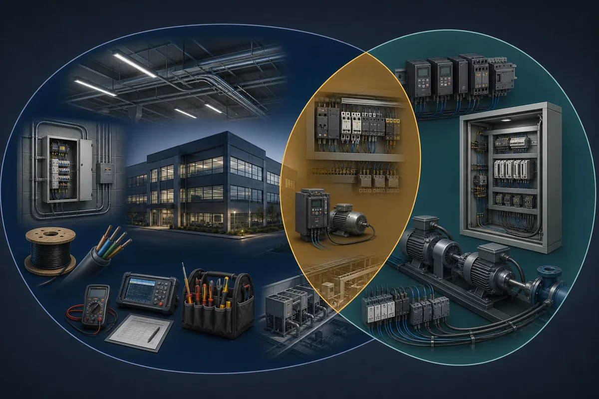 Broad electrical and communications construction occupation group branching to several job contexts, with industrial electrician shown as one related role rather than an exact match