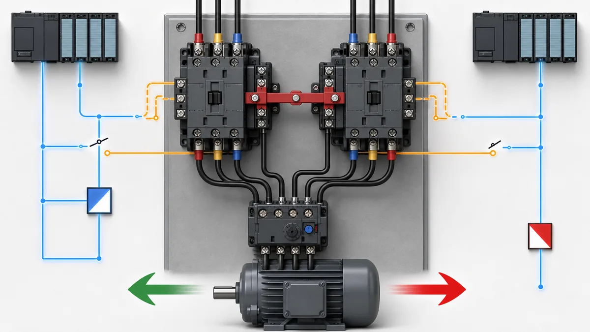 Forward and reverse three-phase motor contactors with blue PLC command interlocking, amber cross-wired auxiliary contacts, red mechanical blocking bar and overload protection