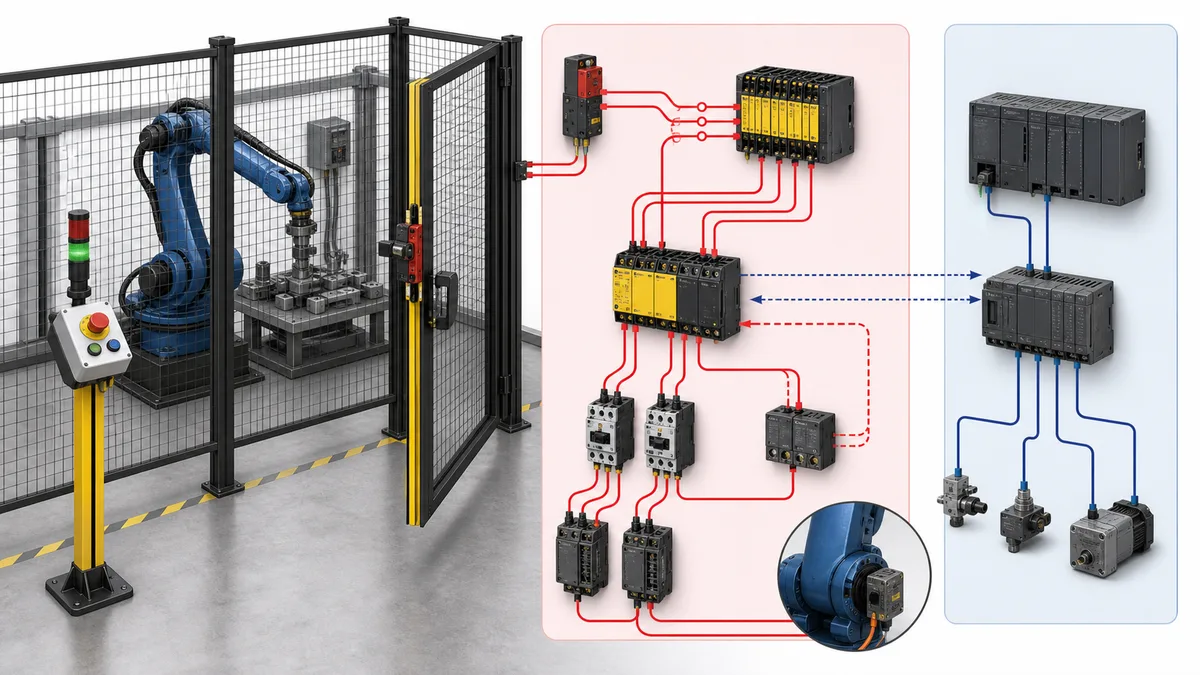 Robot cell with open interlocked guard feeding dual safety channels and safety outputs in red while a separate standard PLC handles production sequence and diagnostics in blue