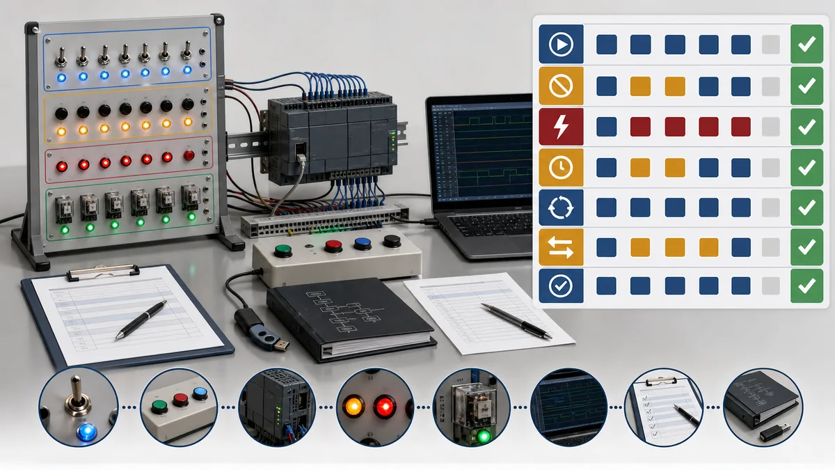 Safe low-voltage PLC interlock test bench with simulated field switches, command buttons, output lamps, feedback relays, trace laptop, witness records and a multi-case result matrix