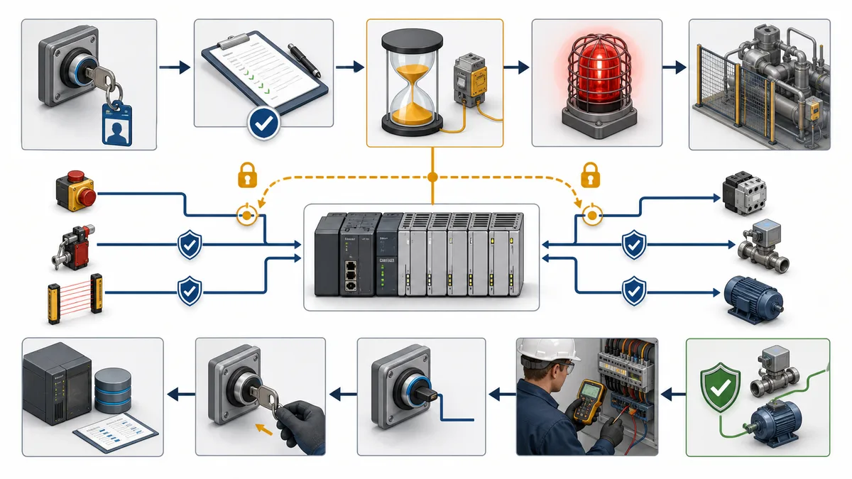 Controlled interlock bypass workflow using keyed authorization, approved permit, expiry timer, active warning, independent remaining safeguards, audit record, removal and restoration verification